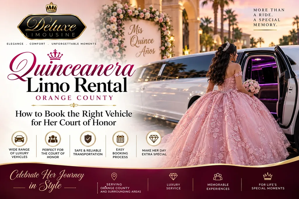 Quinceanera limo rental Orange County — stretch limousine for the honoree and her court of honor