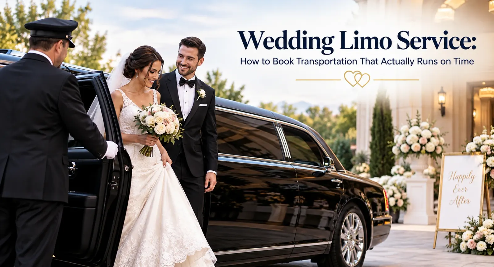 Wedding limo service in Orange County: a white stretch limousine parked at the ceremony venue for the bride's arrival and the couple's departure