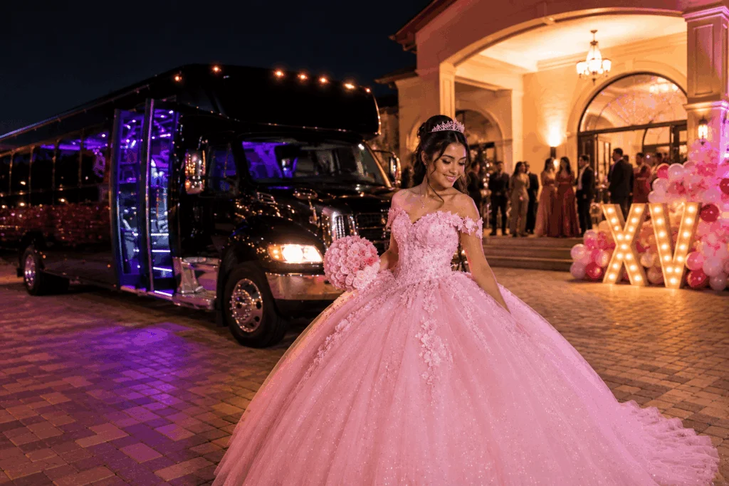 Pink-lit stretch limousine for quinceañera celebrations in Orange County