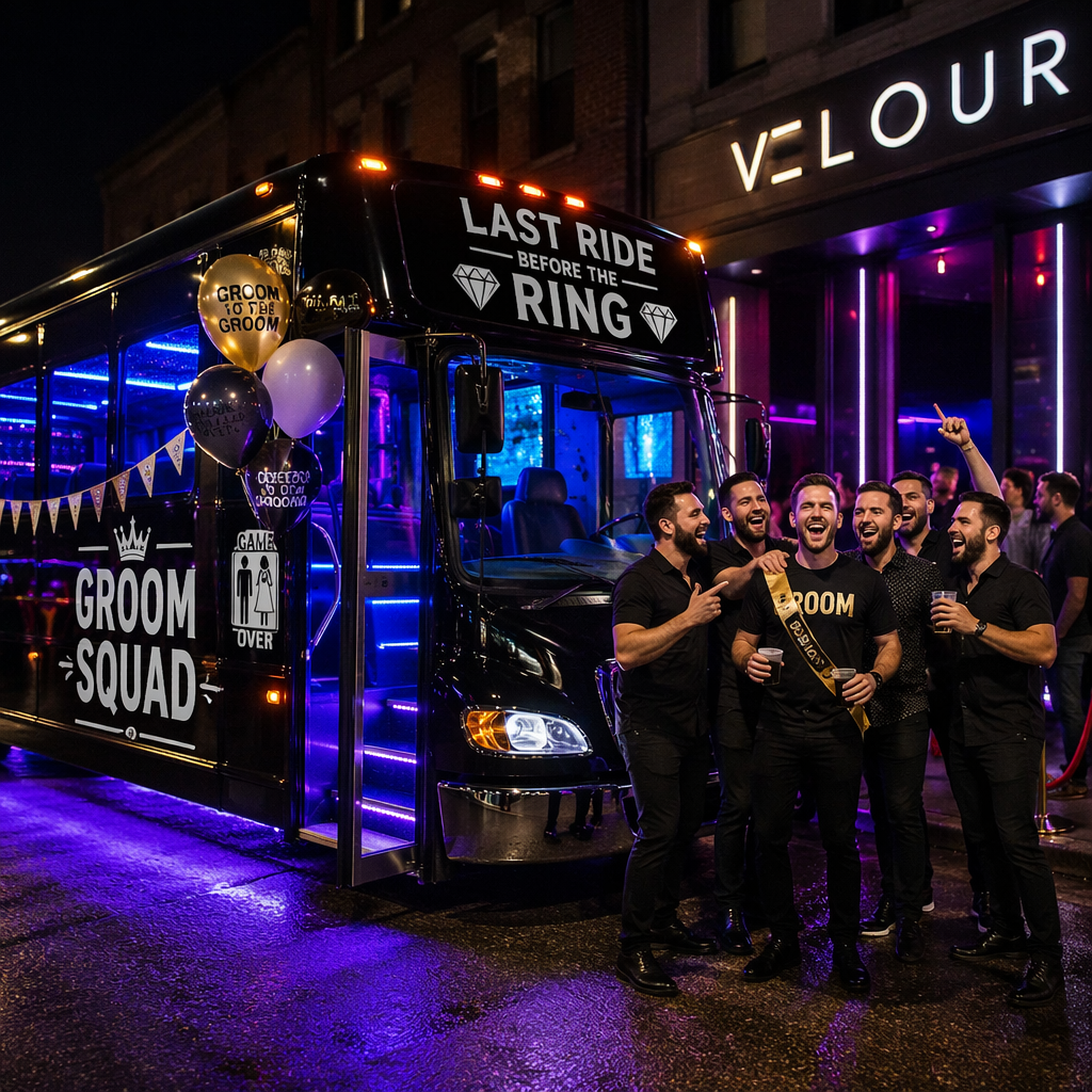Bachelor party group inside a luxury party bus