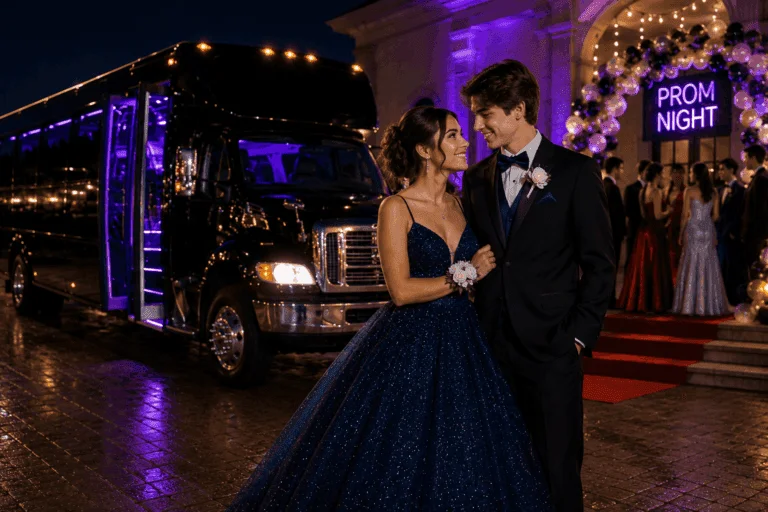 Prom group arriving in a stretch limo