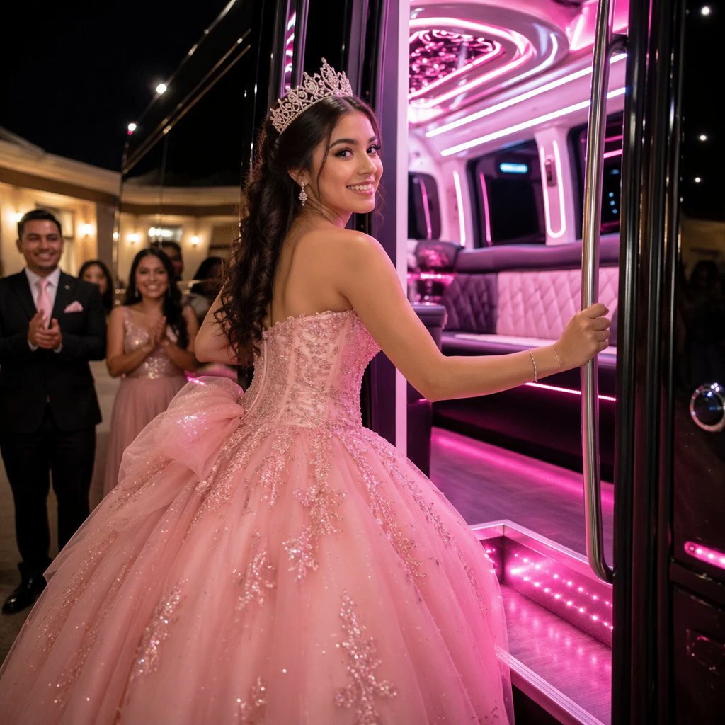 Pink-lit stretch limousine for quinceañera celebrations in Orange County